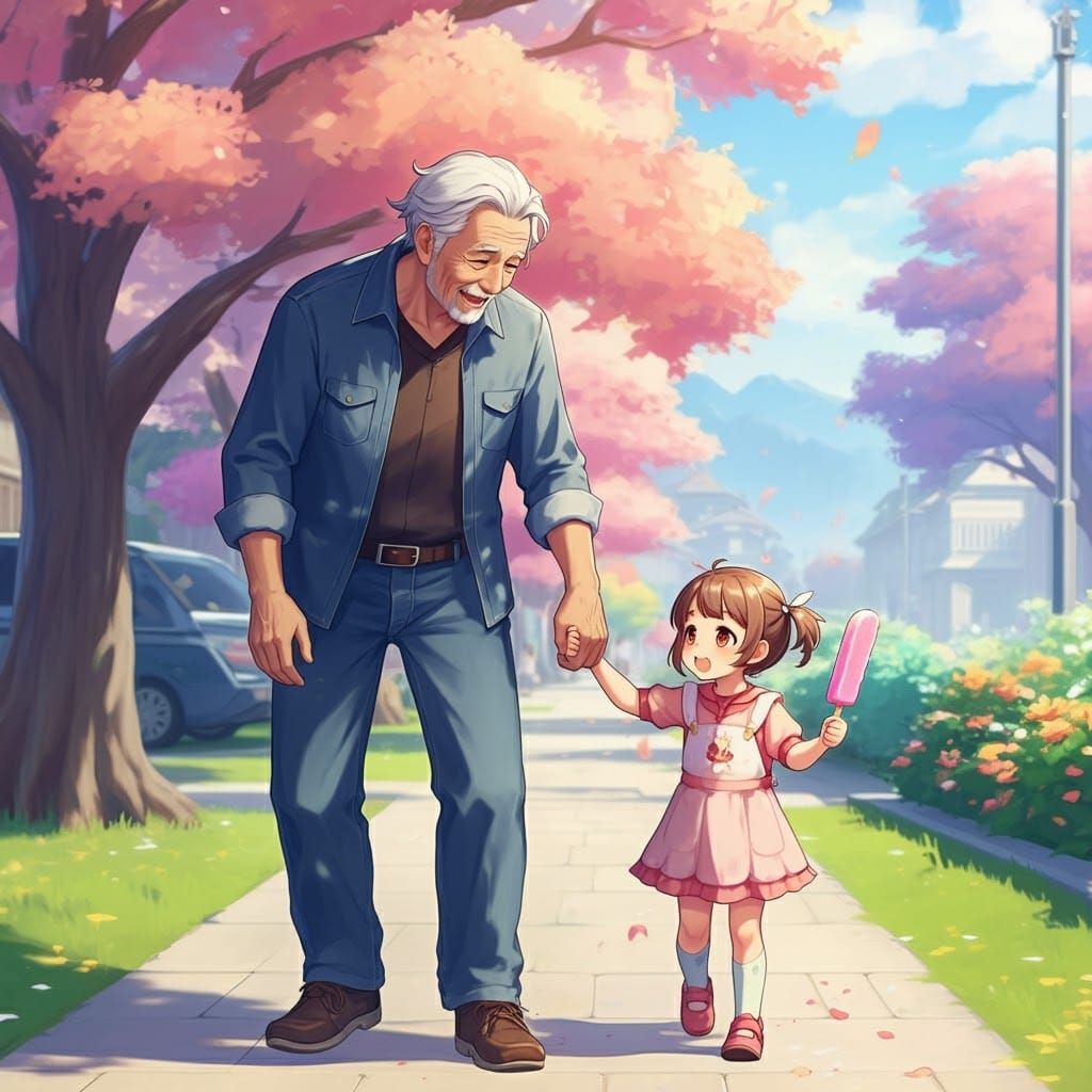 Joyful Stroll: 3D Anime Art of Elderly Man and Child