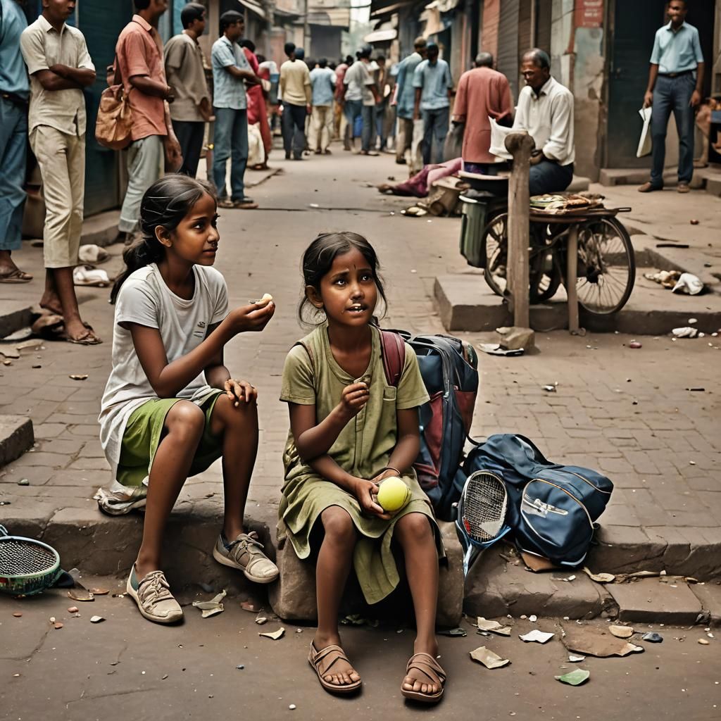 Indian Girl Receives Tennis Ball: Matte Painting