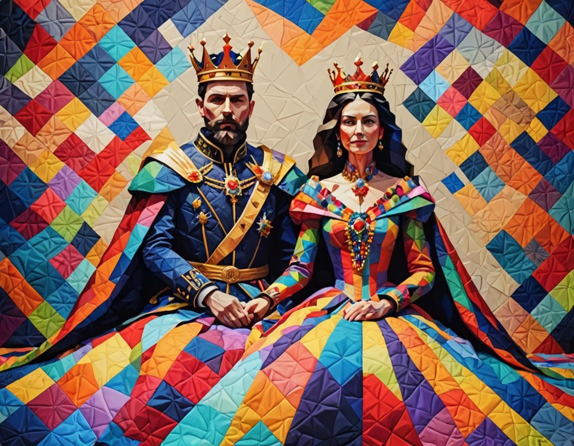 Patchwork Quilt King and Queen in Low Poly Style