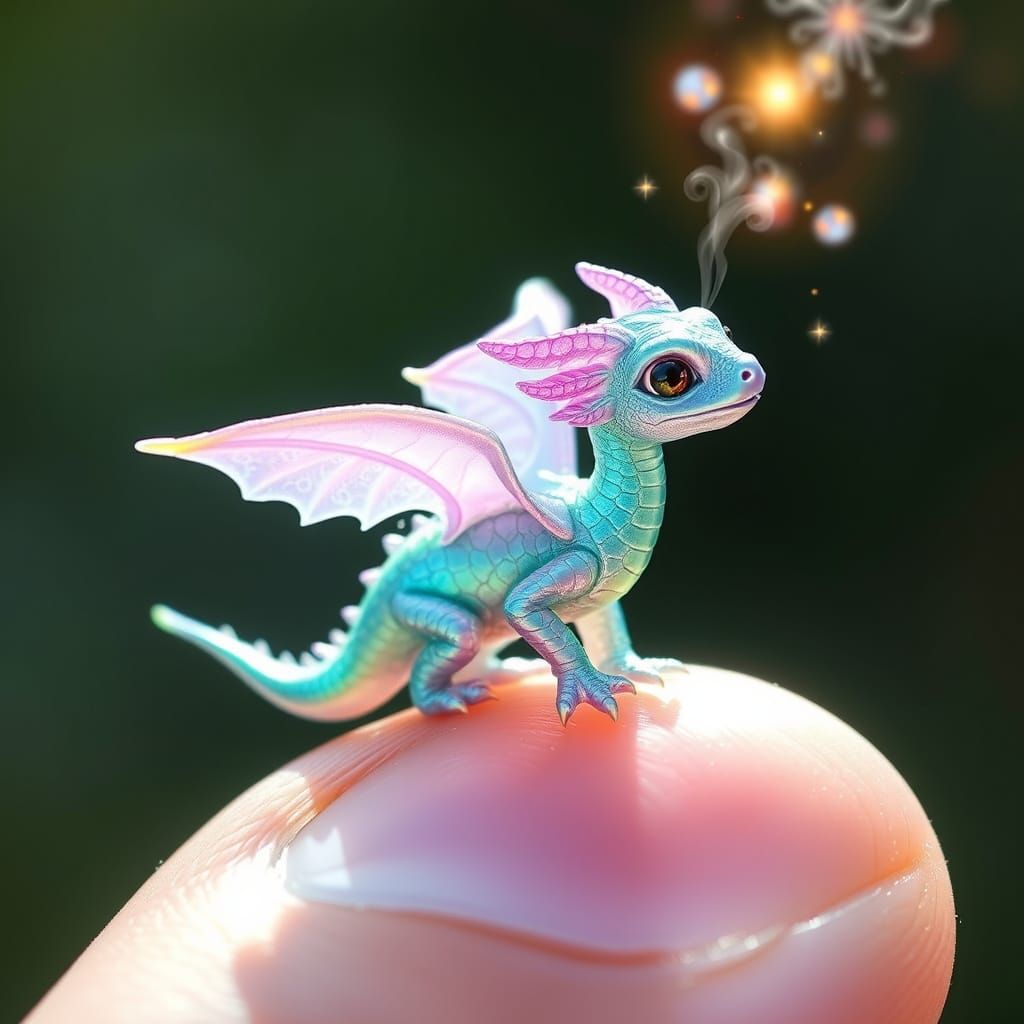 Tiny, Iridescent Baby Dragon on a Human Fingertip, Blowing S...