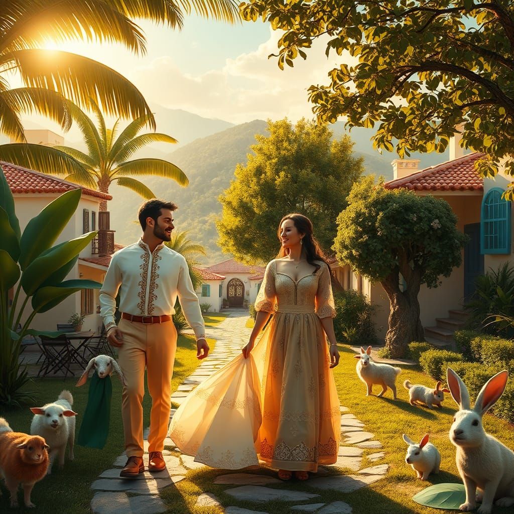 Greek Village Couples in Dreamlike Matte Painting