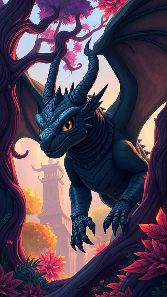 Gothic Black Dragon in Neon Forest: Splash Art