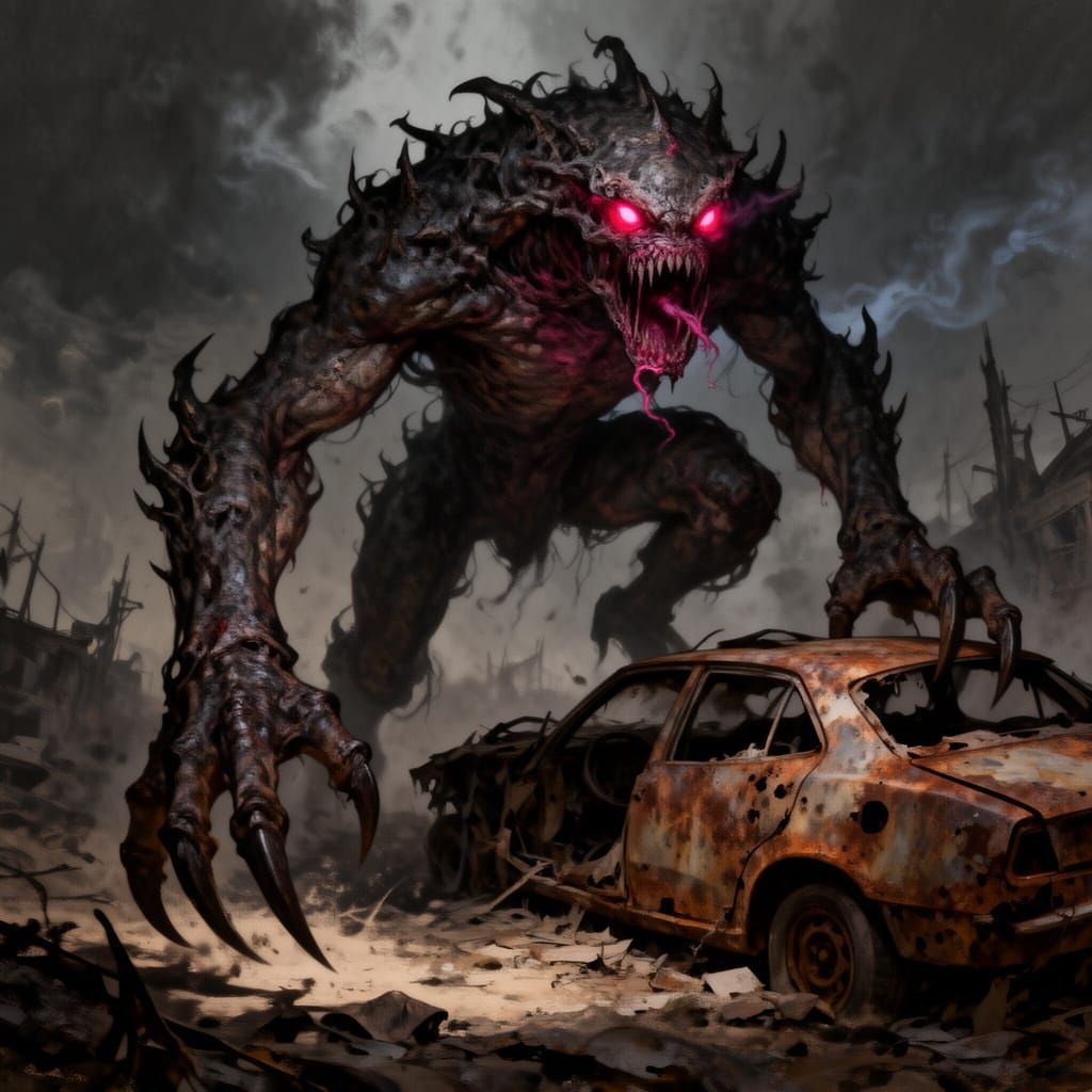 Fallout Deathclaw Scrapes Claws on Ruined Car