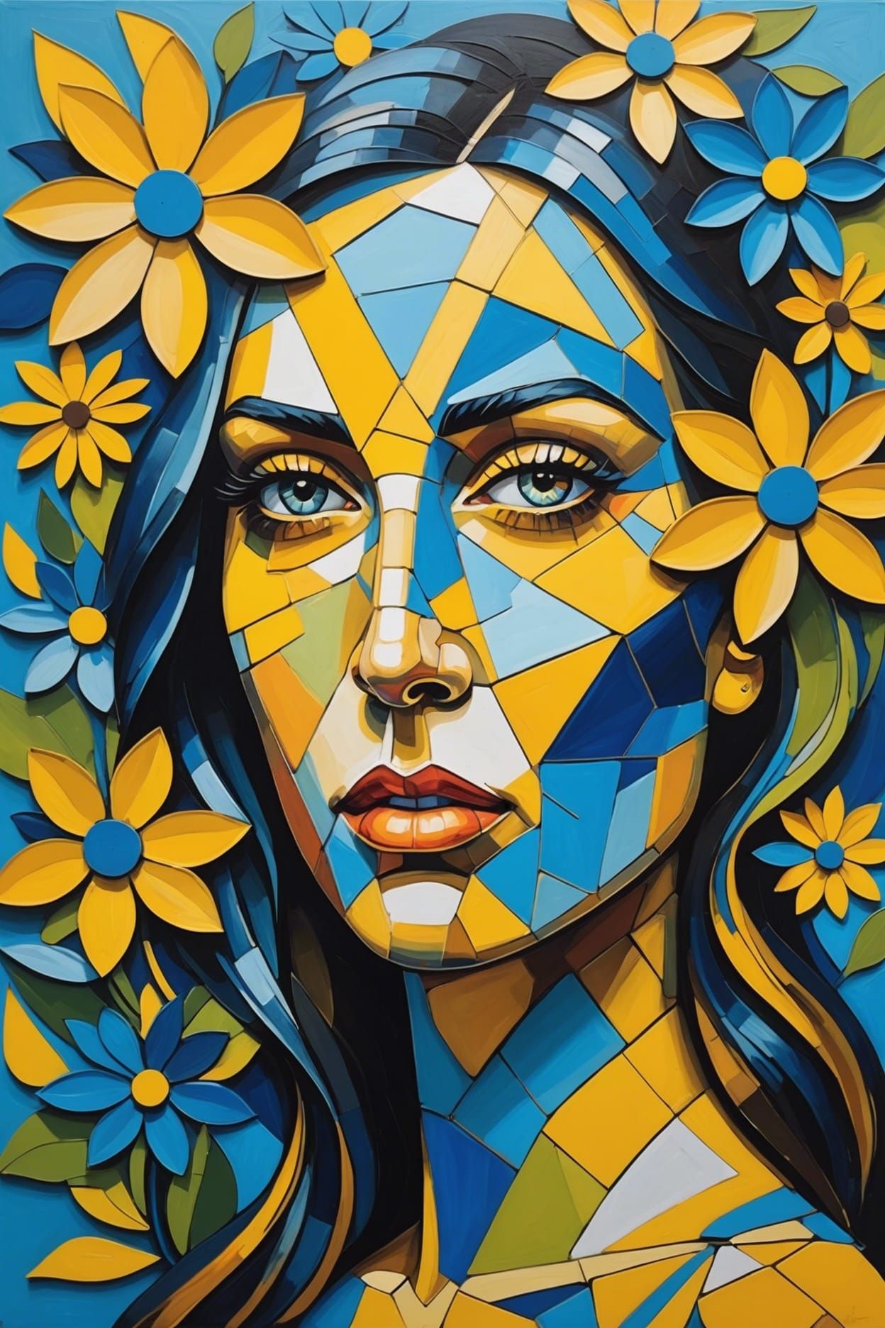 Psychedelic Floral Woman: Cubist Portrait in Oil