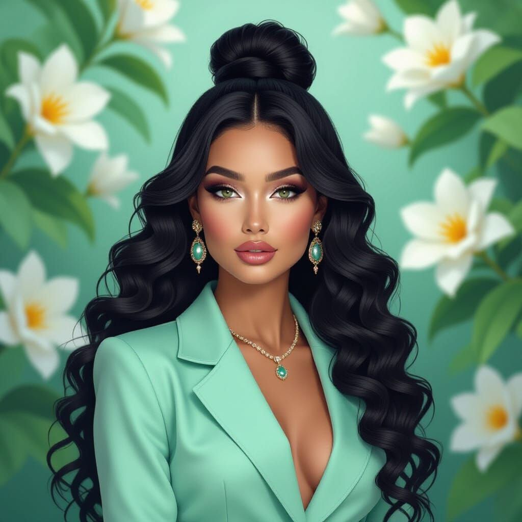 Elegant Lady in Mint Attire Amidst Lush Blooms