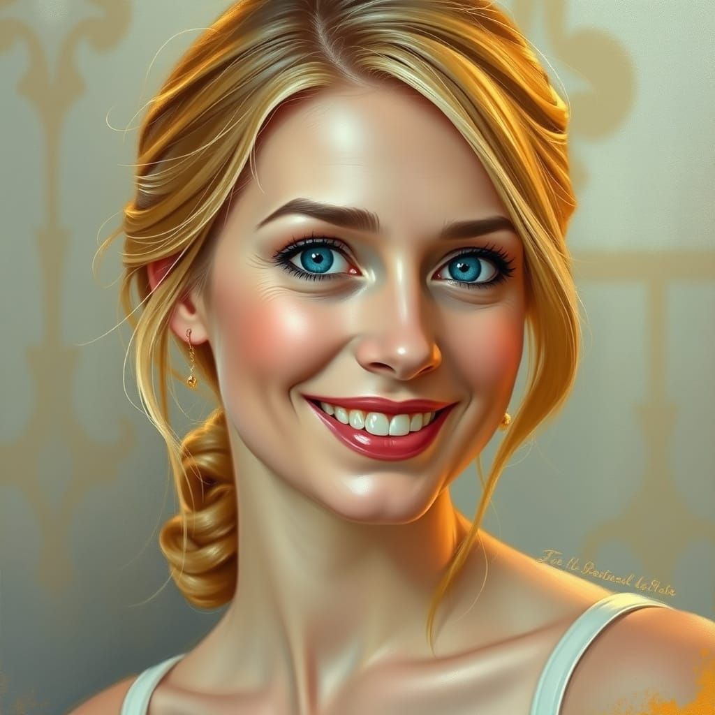 Woman with Long Blonde Hair Smiles Mischievously in Soft Imp...