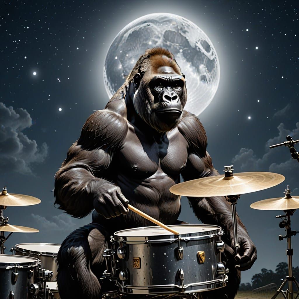 Gorilla Drumming to Heavy Metal Under a Full Moon