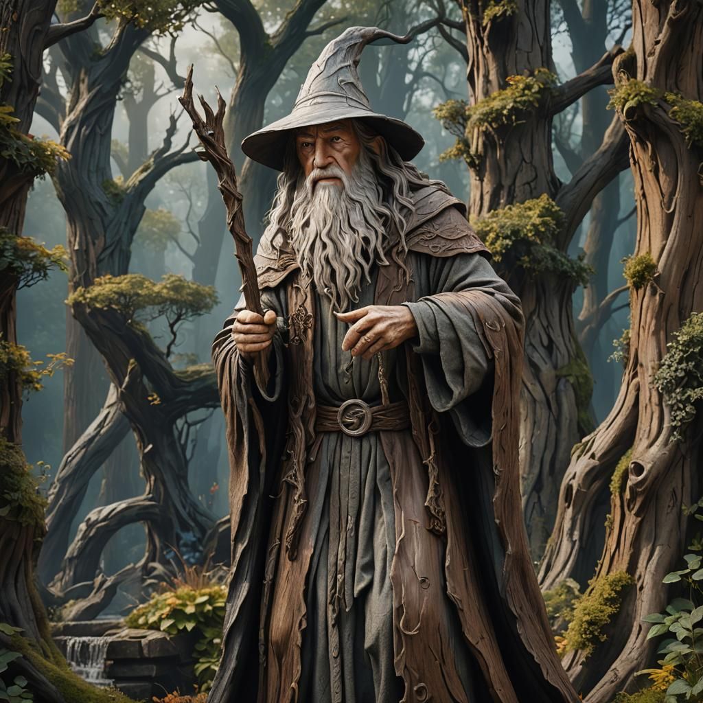 Gandalf Wooden Statue: Detailed Fantasy Art