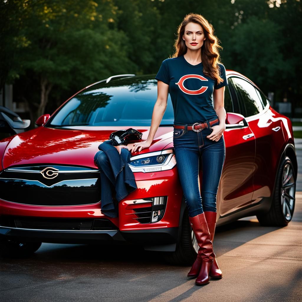 Girl in Bears Shirt Next to Red Tesla