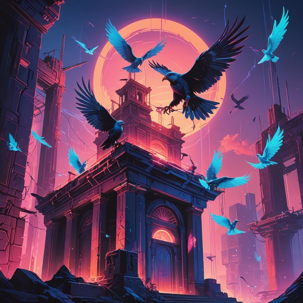 Neon Synthwave Birds Over Ancient City