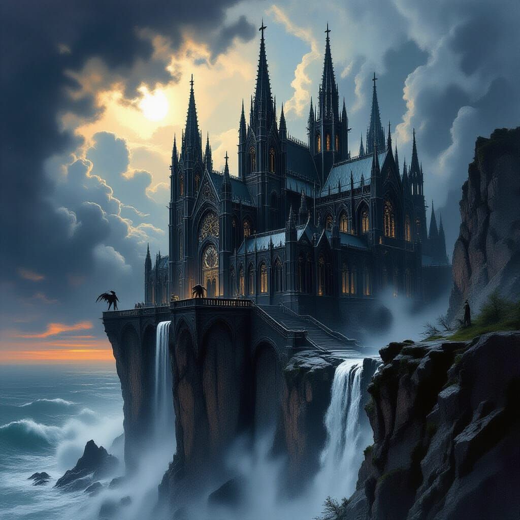 Obsidian Cathedral on Stormy Cliff: Gothic Dark Fantasy