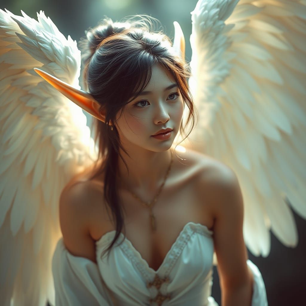 Elegant Asian Elf with Angel Wings