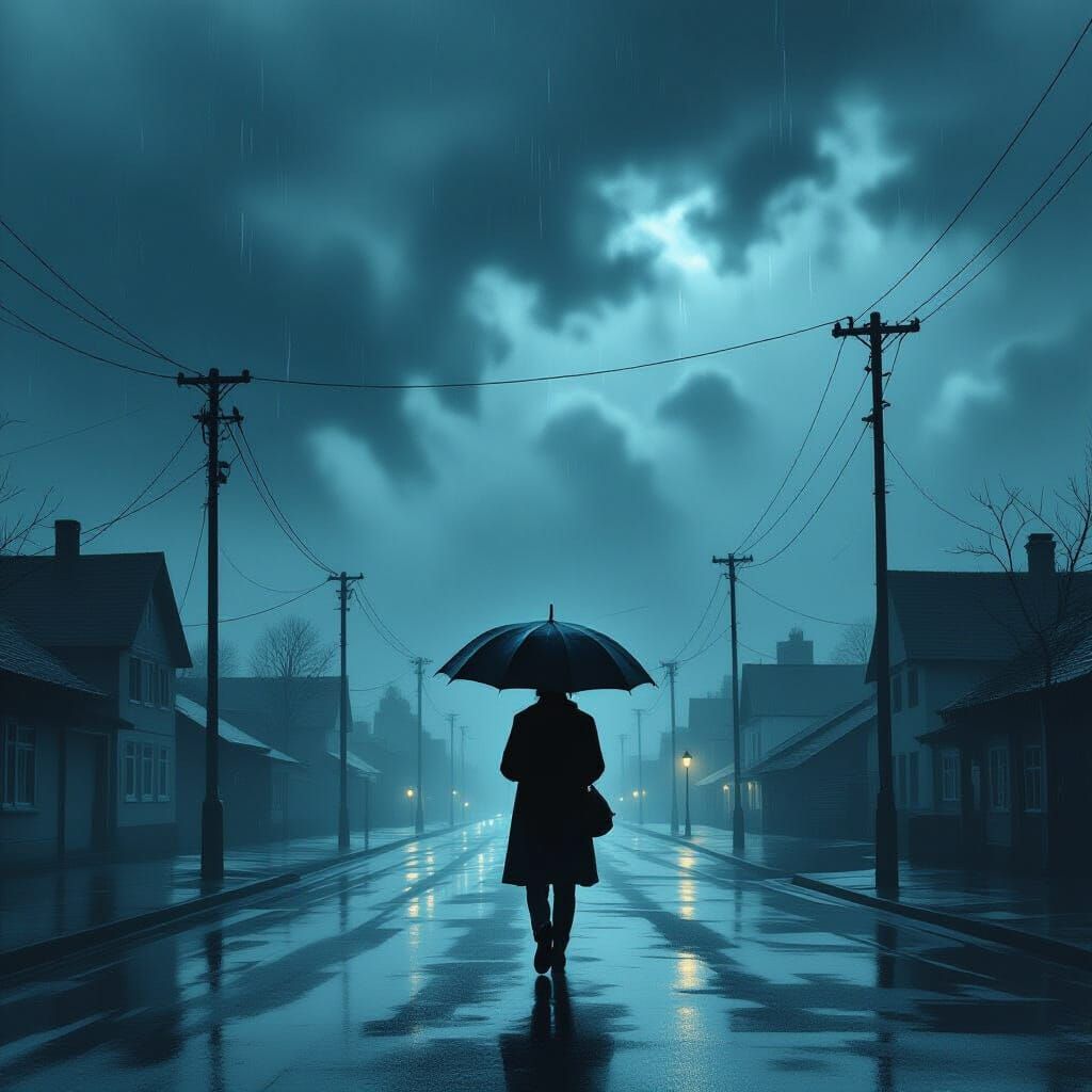 Melancholy Figure on Desolate Street in Stormy Sky