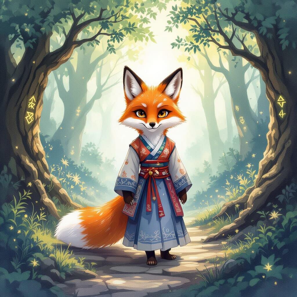 Anthropomorphic Fox in Hanbok in Mystical Forest