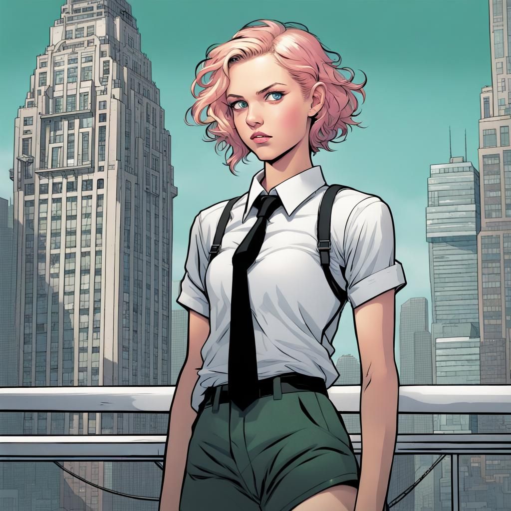 Blonde-Pink Haired Girl on Skyscraper, Comic Book Art