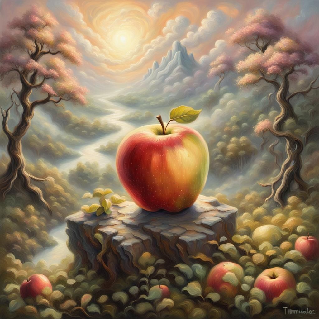 Glowing Apple in Dreamlike Fantasy Landscape