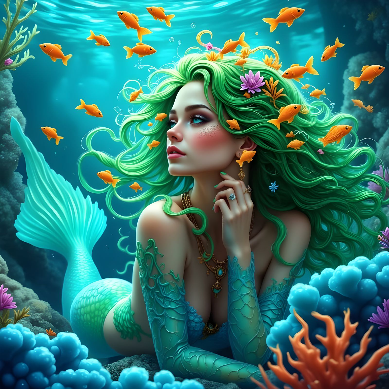 Mermaid in Underwater Scene: WLOP and Mucha Inspired