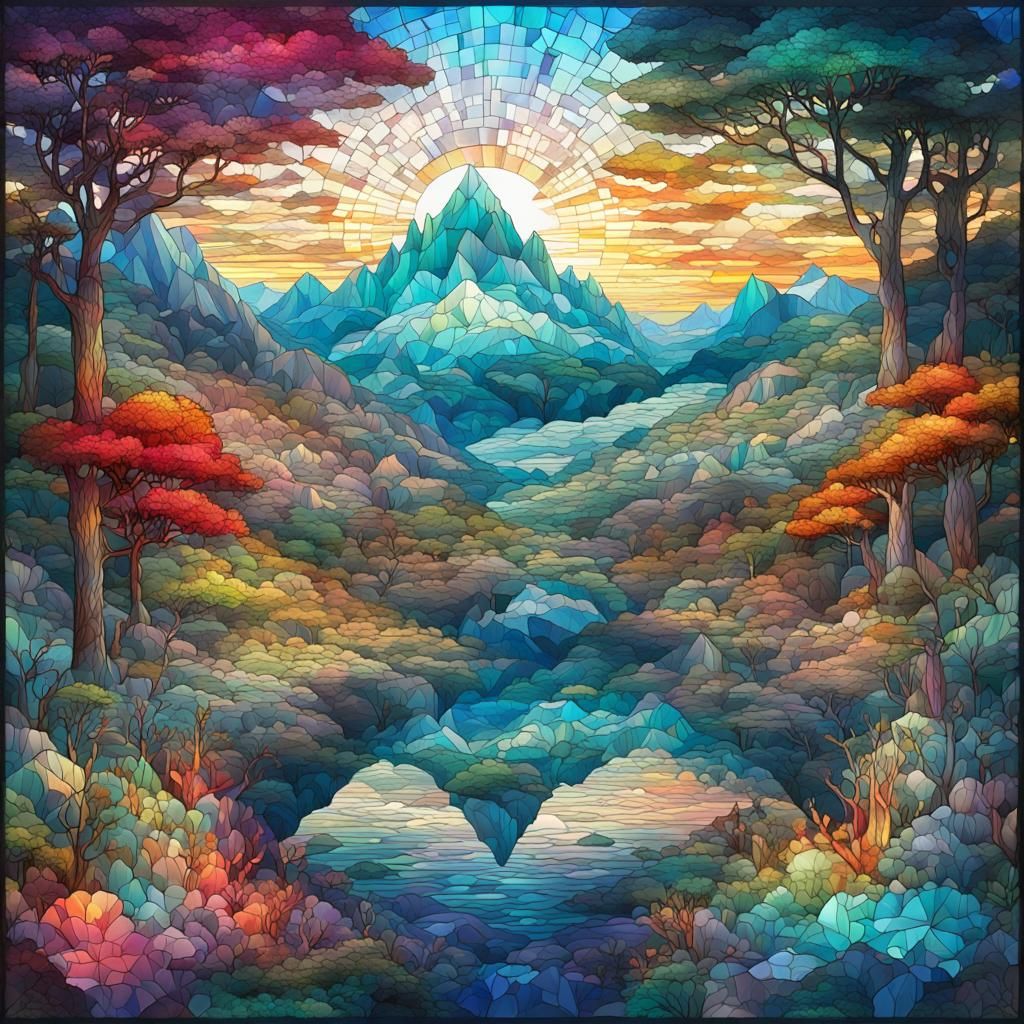Iridescent Stained Glass Fantasy Landscape Illustration