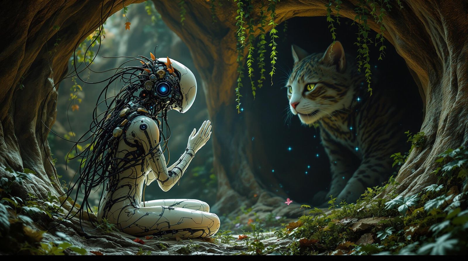 Biopunk Humanoid Praying in a Cat Cave