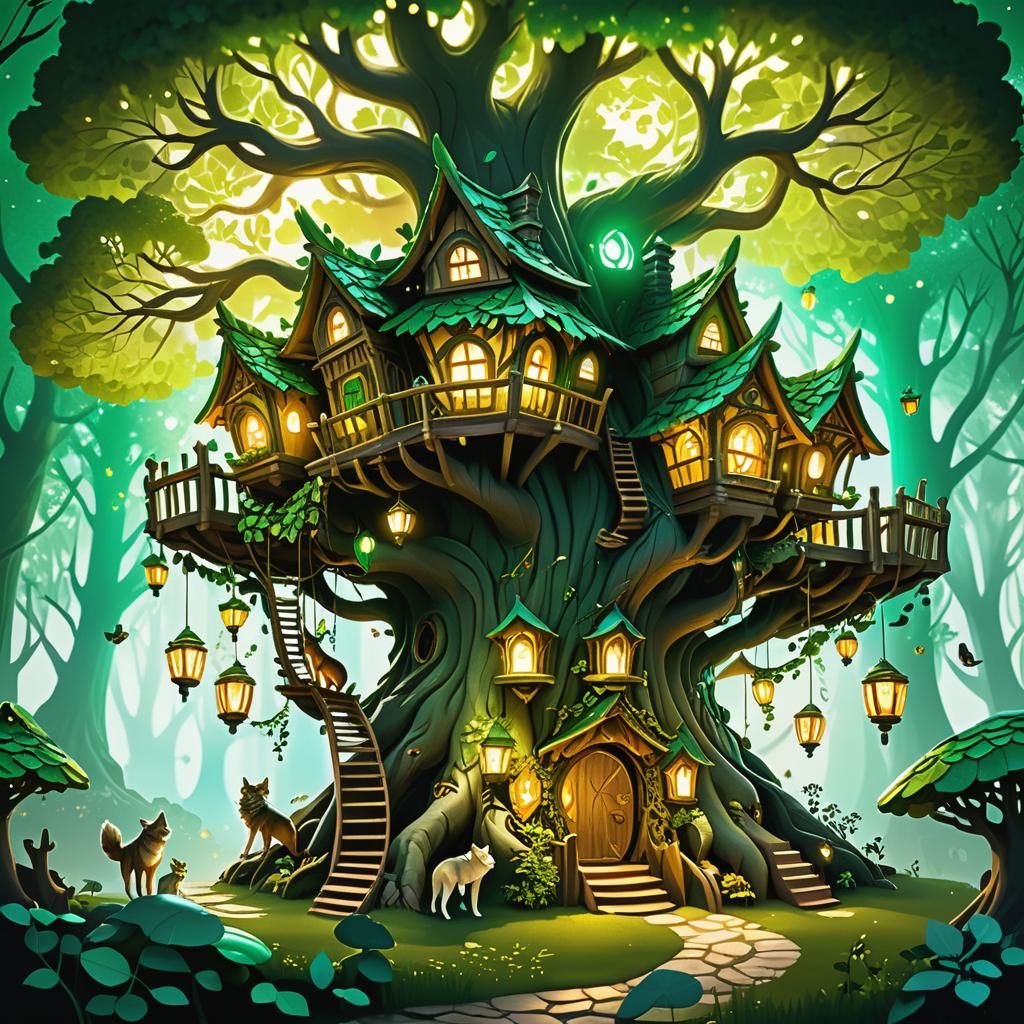 Epic Forest Elf Treehouse with Wolves