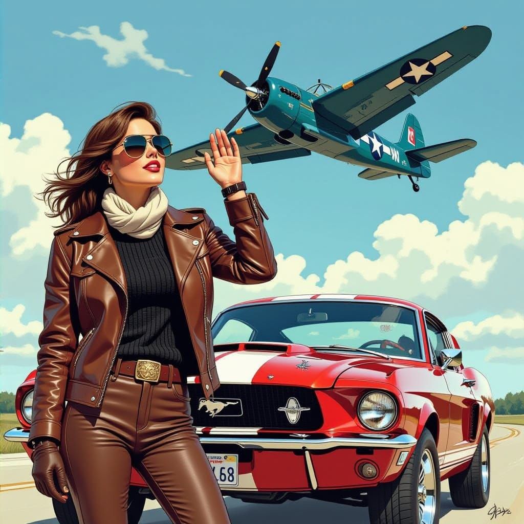 Brunette Pilot and Classic Mustang with Corsair Plane