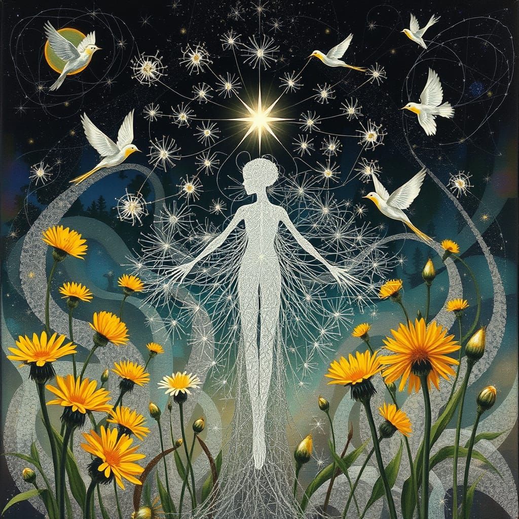 Surreal Star Goddess in Dreamlike Landscape with Dandelions ...