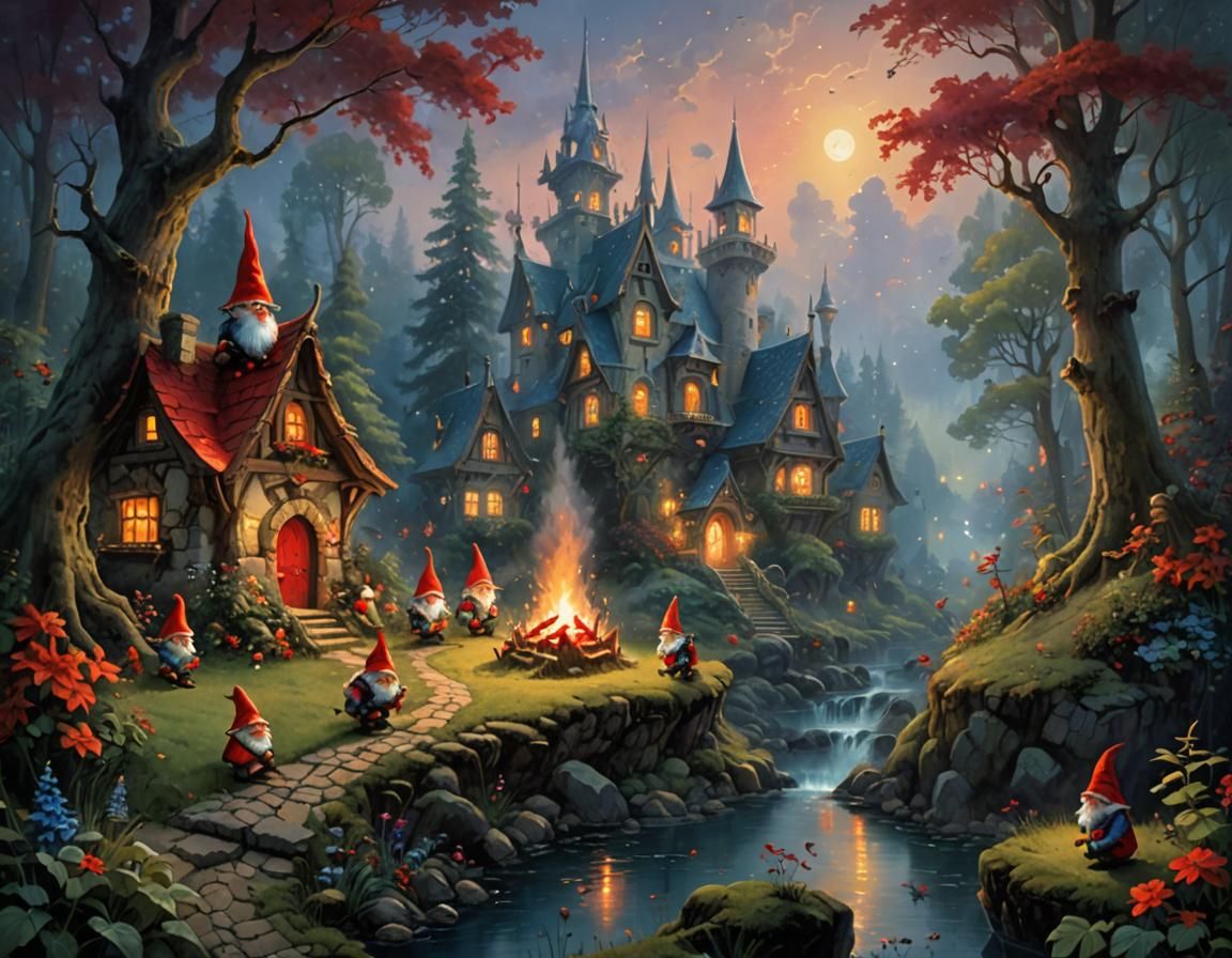 Gnomes Around Forest Fire at Night, Ethereal Fantasy