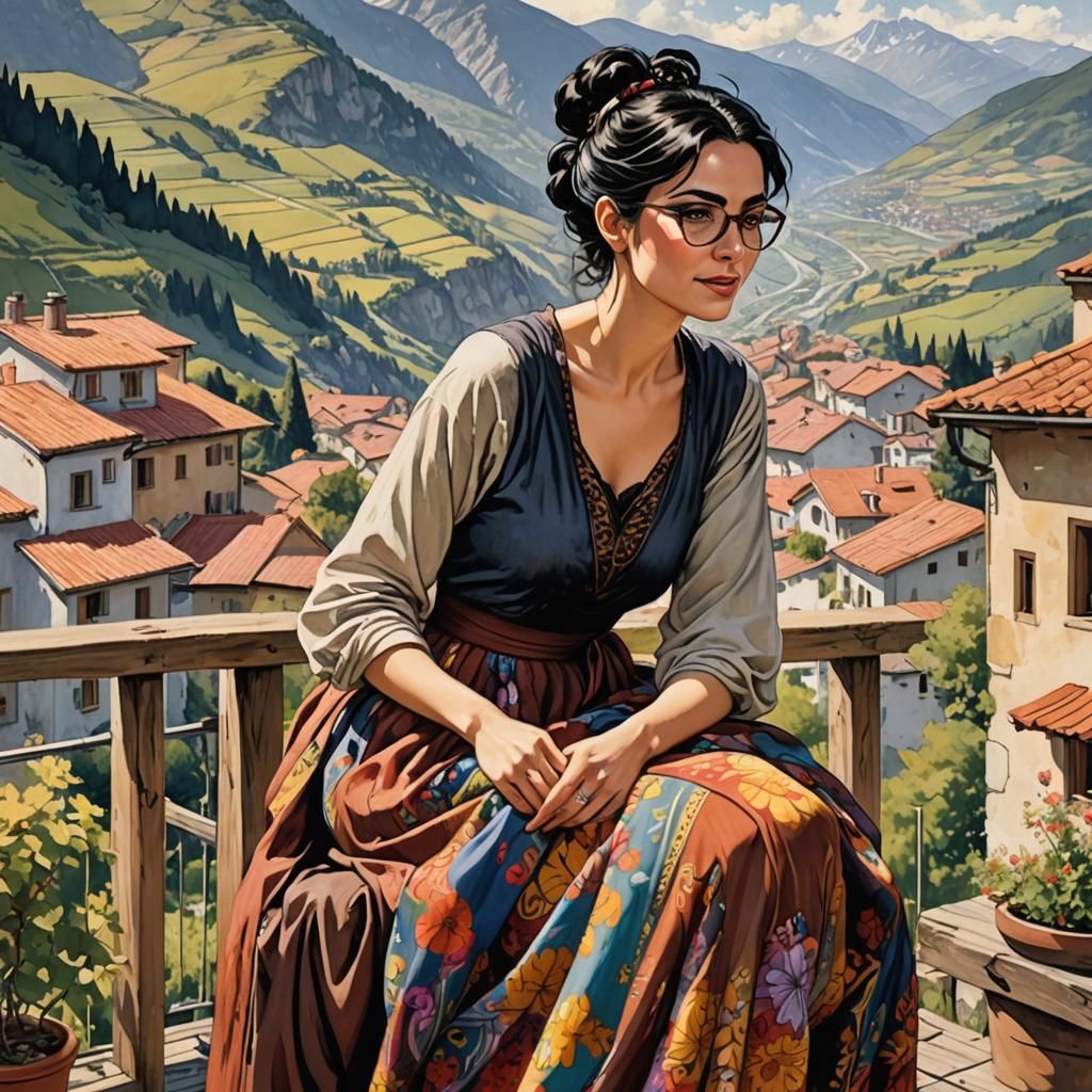 Woman Relaxing on Terrace in Modern Fantasy Style