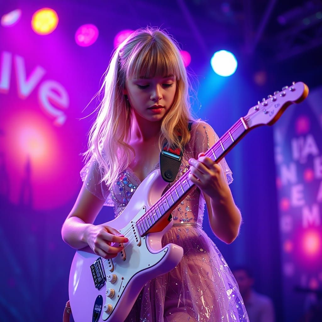 Girl Plays Guitar on Stage in Fantasy Art Style