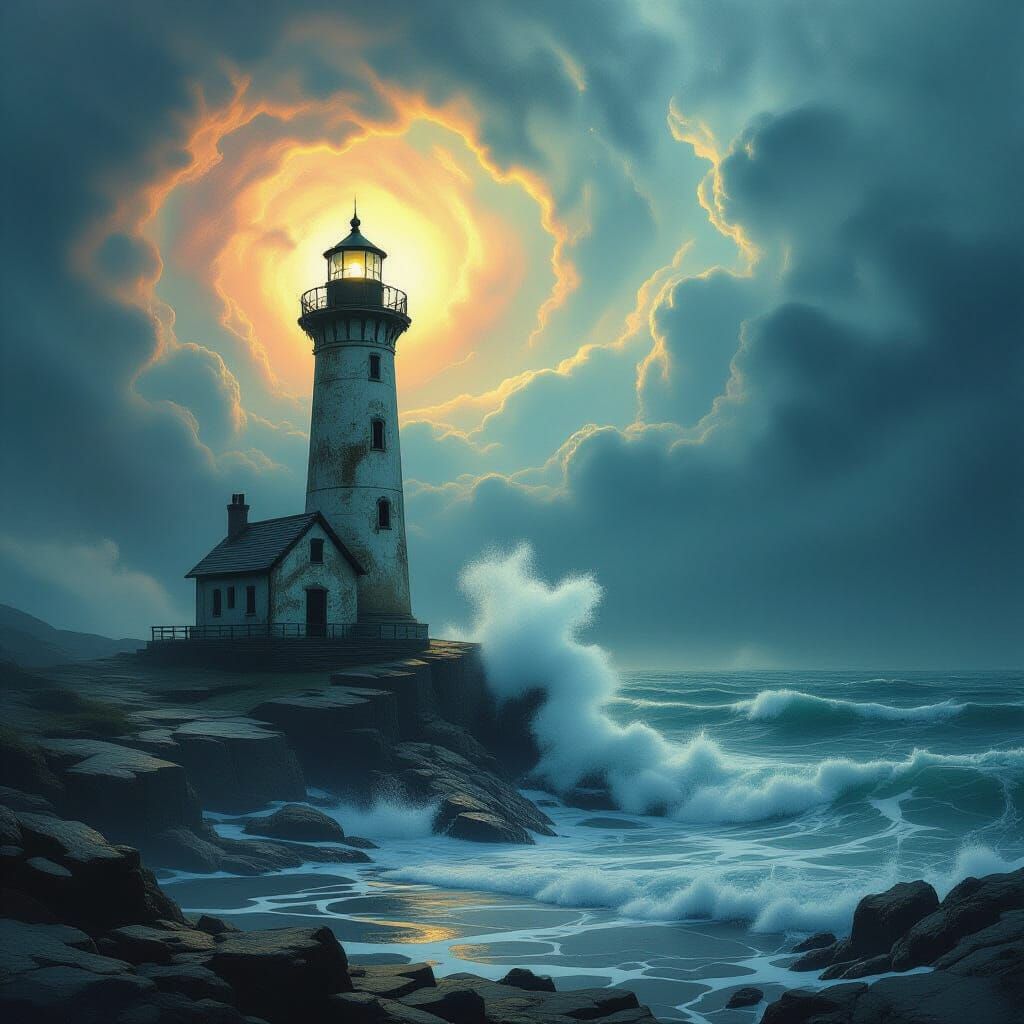 Surreal Lighthouse in Cosmic Storm