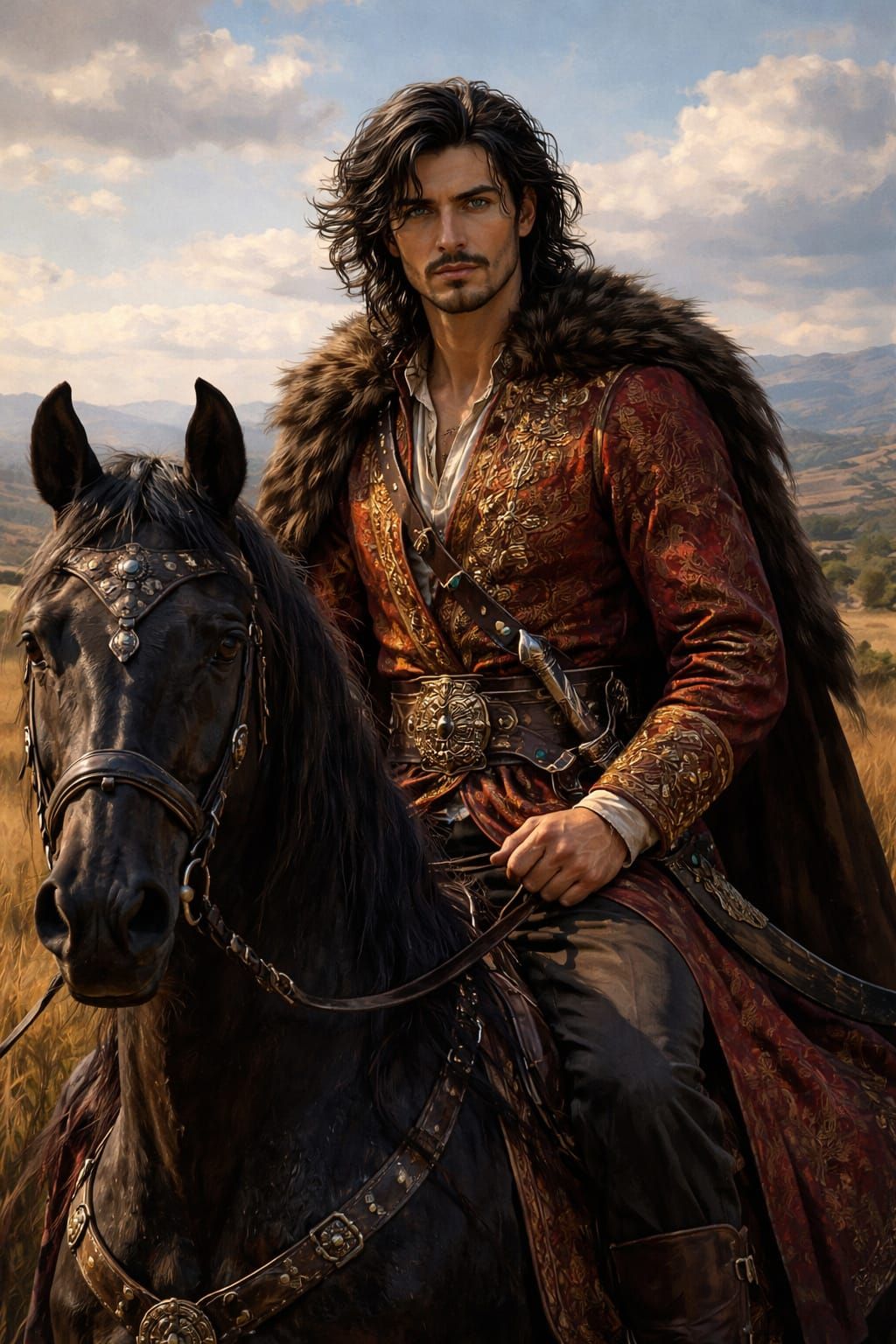 Handsome Cossack on Horse in Steppe Landscape