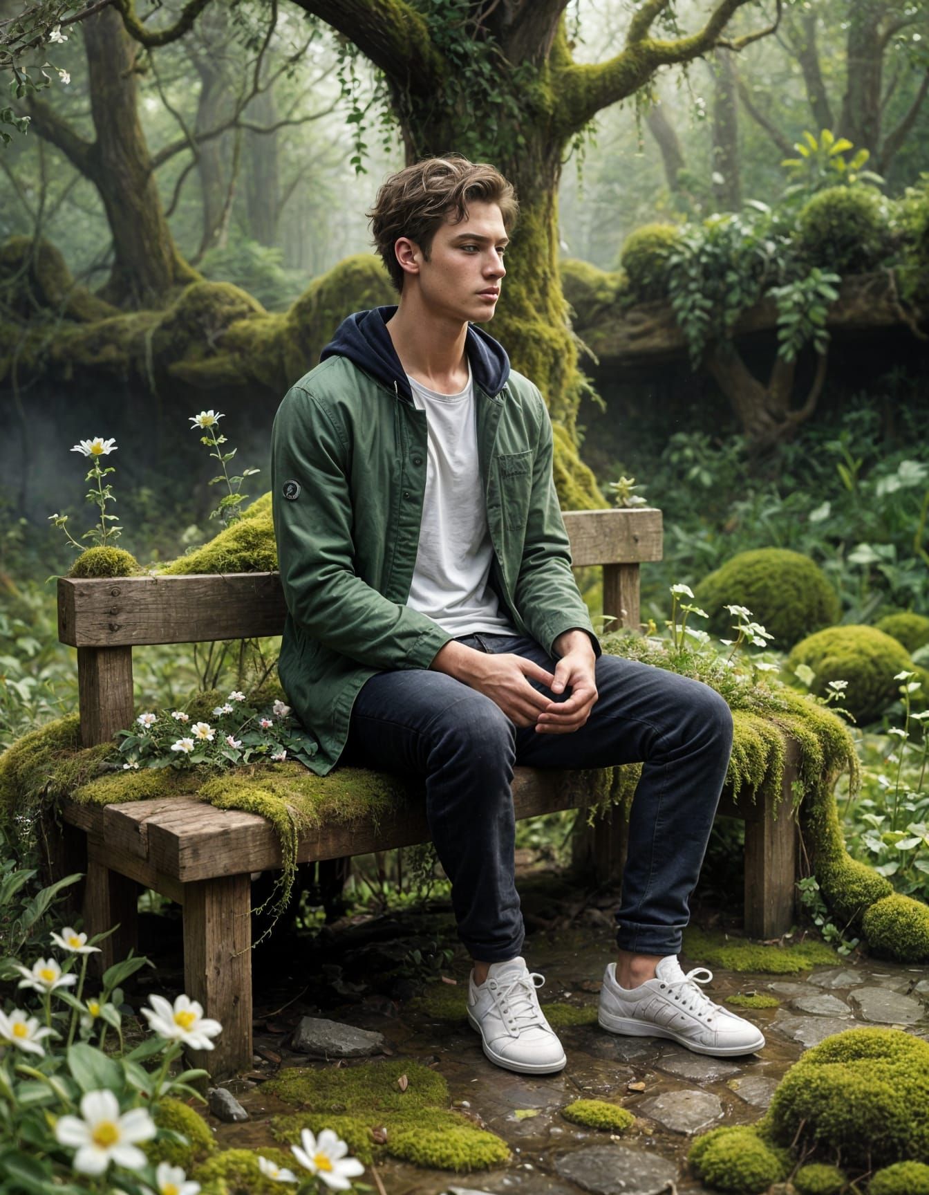 Surreal Man Meditating on Floating Garden