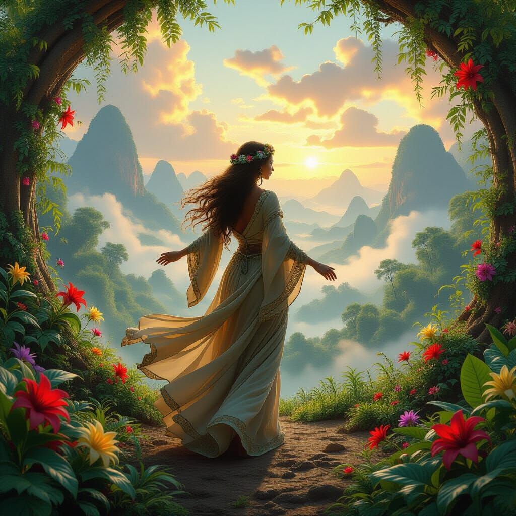 Gaia Emerges from Earth with Exotic Flowers