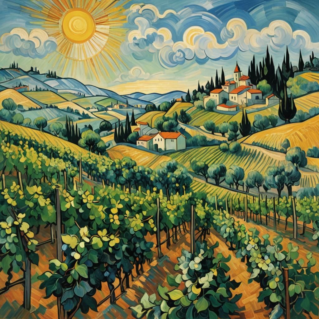 Vineyard Hillside in Cubist Post-Impressionist Styles
