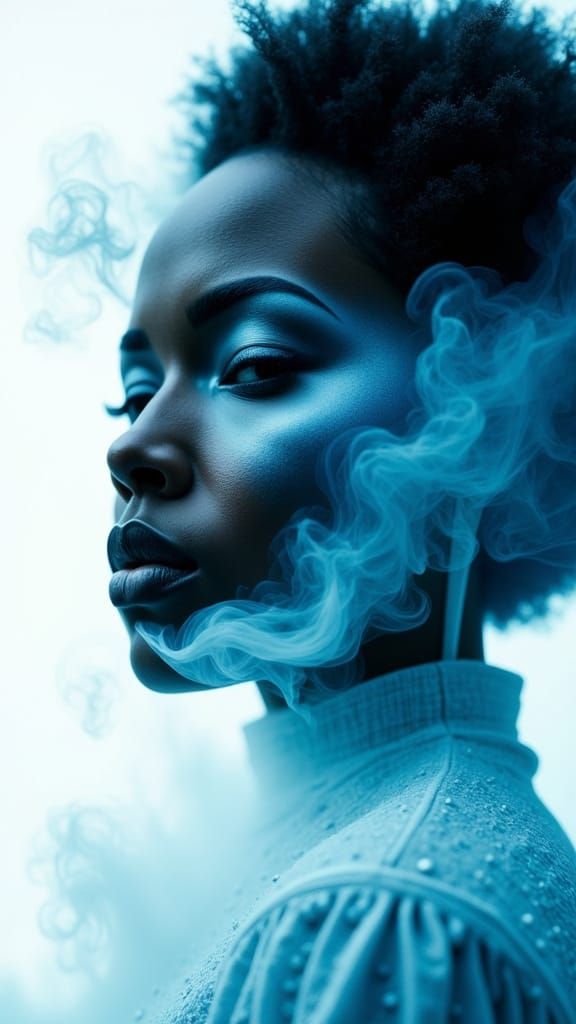Afro-Futuristic Woman Exhales Blue Smoke