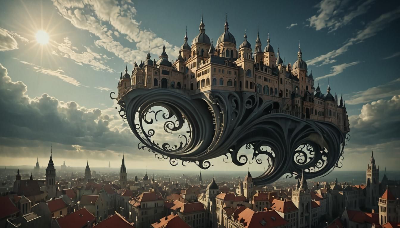 A surreal abstract artwork featuring flowing, curvilinear sh...