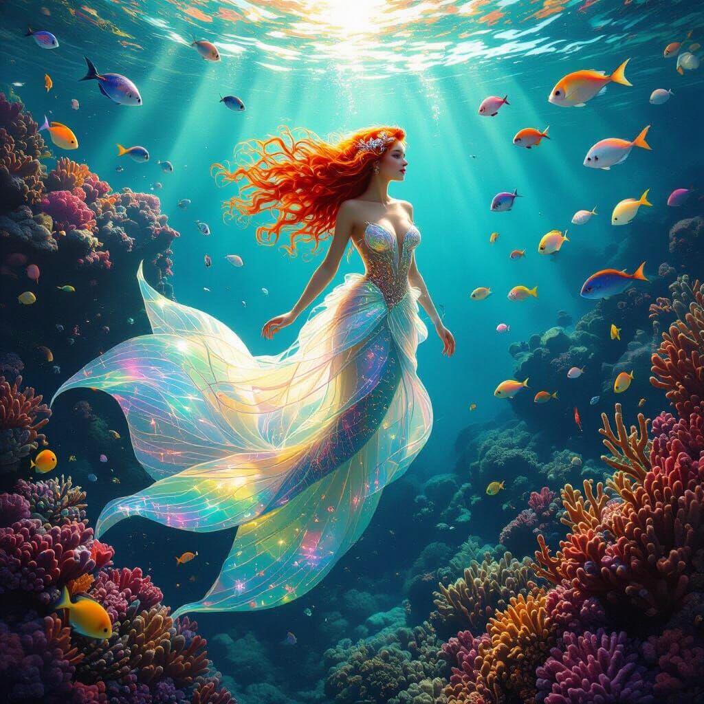 Red-Haired Mermaid in Coral Reef, Photorealistic Style