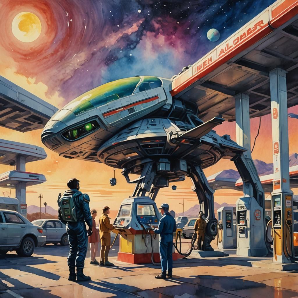 Alien Attendant Refueling Spaceship as Gouache Painting