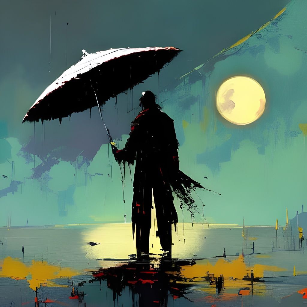 Monochrome Figure with Umbrella in Dramatic Landscape