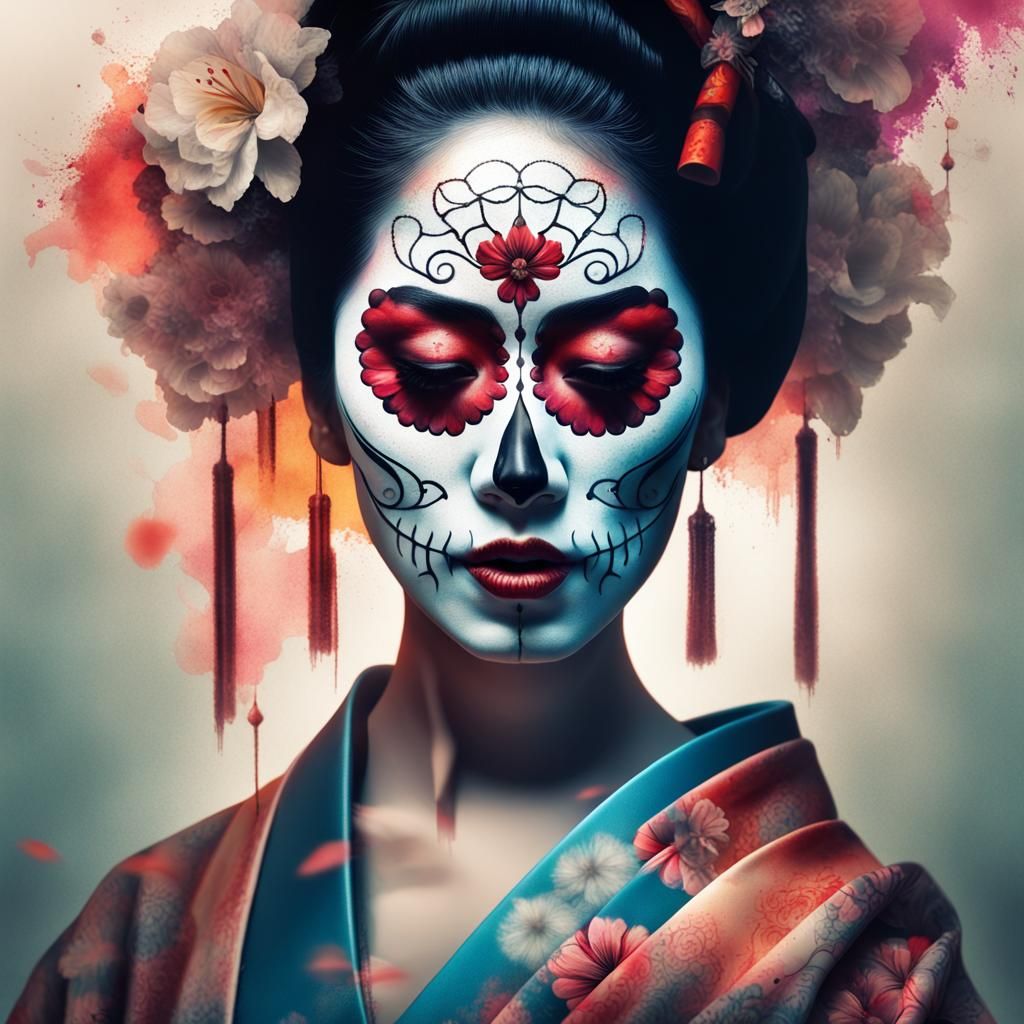 Geisha Day of the Dead Portrait in Splash Art Style