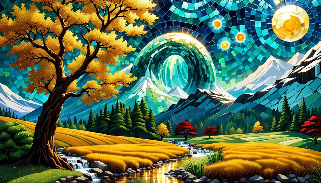 Dazzling Mosaic Waterfall Wall Art in Comic Book Style