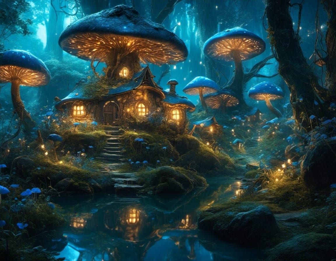 Fairy Village in Bioluminescent Mushroom Forest