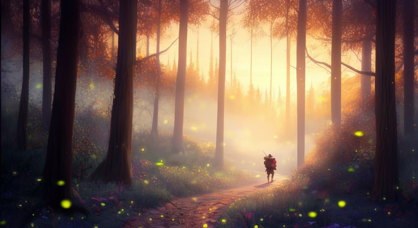 Mystical Forest Traveler at Golden Hour