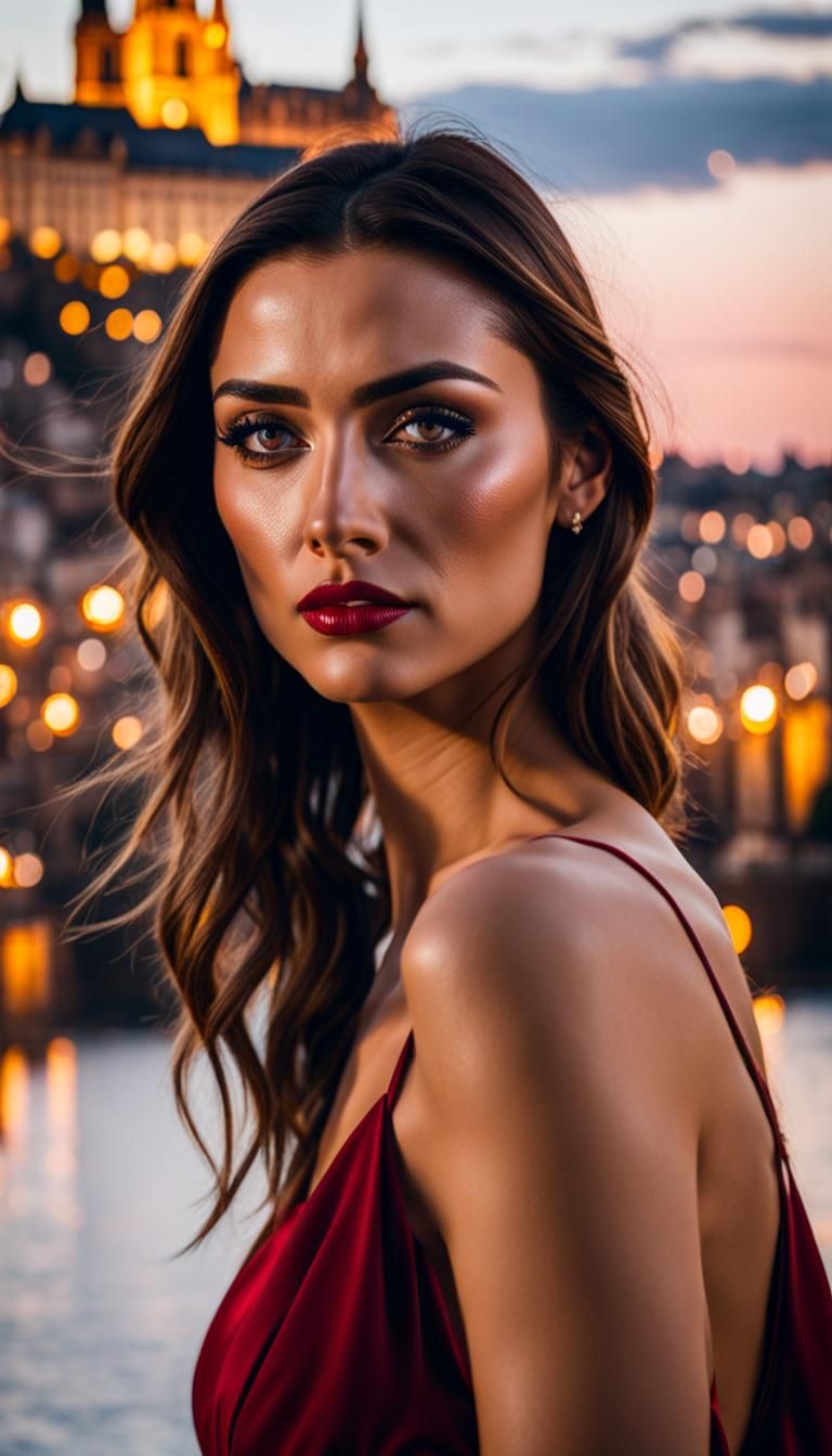 Stunning Woman in Red, Prague Backdrop, Bokeh