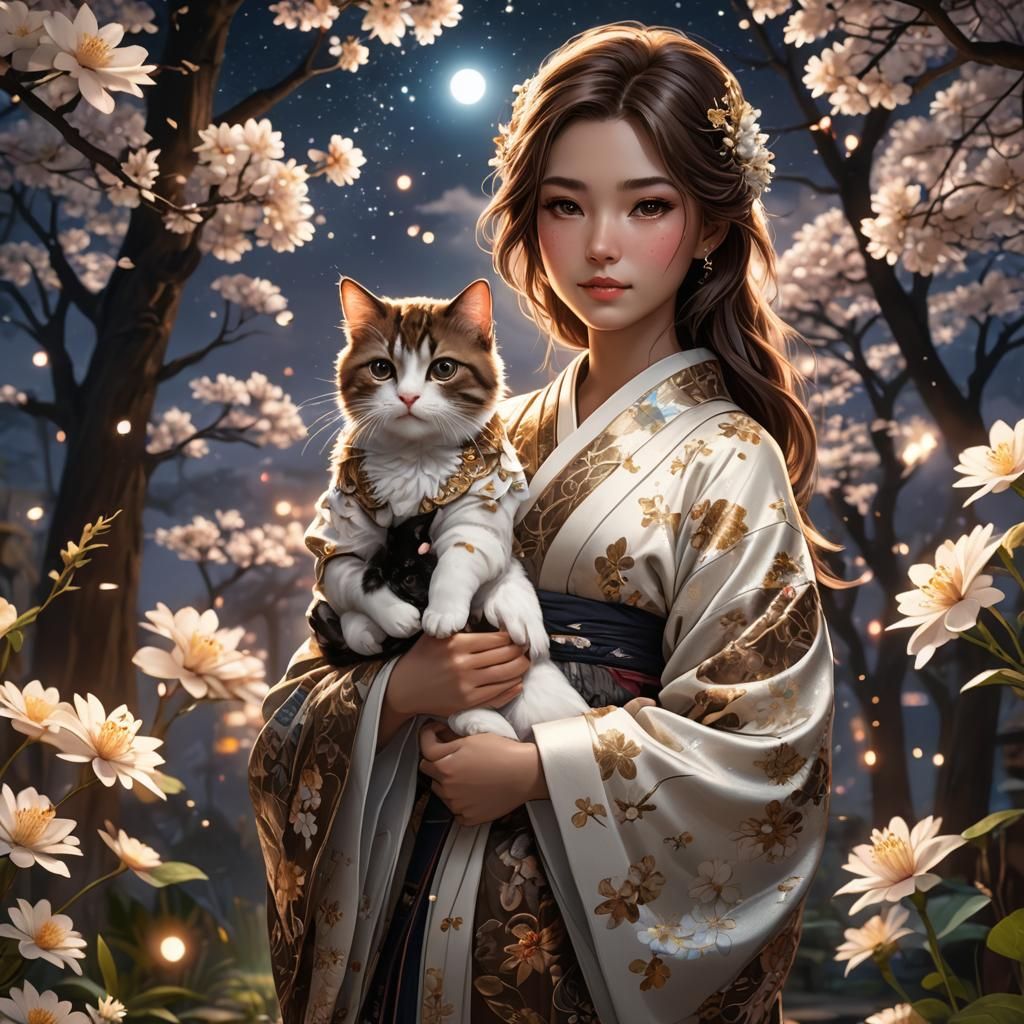 Girl with Kitty in Floral Kimono: Fantasy Art