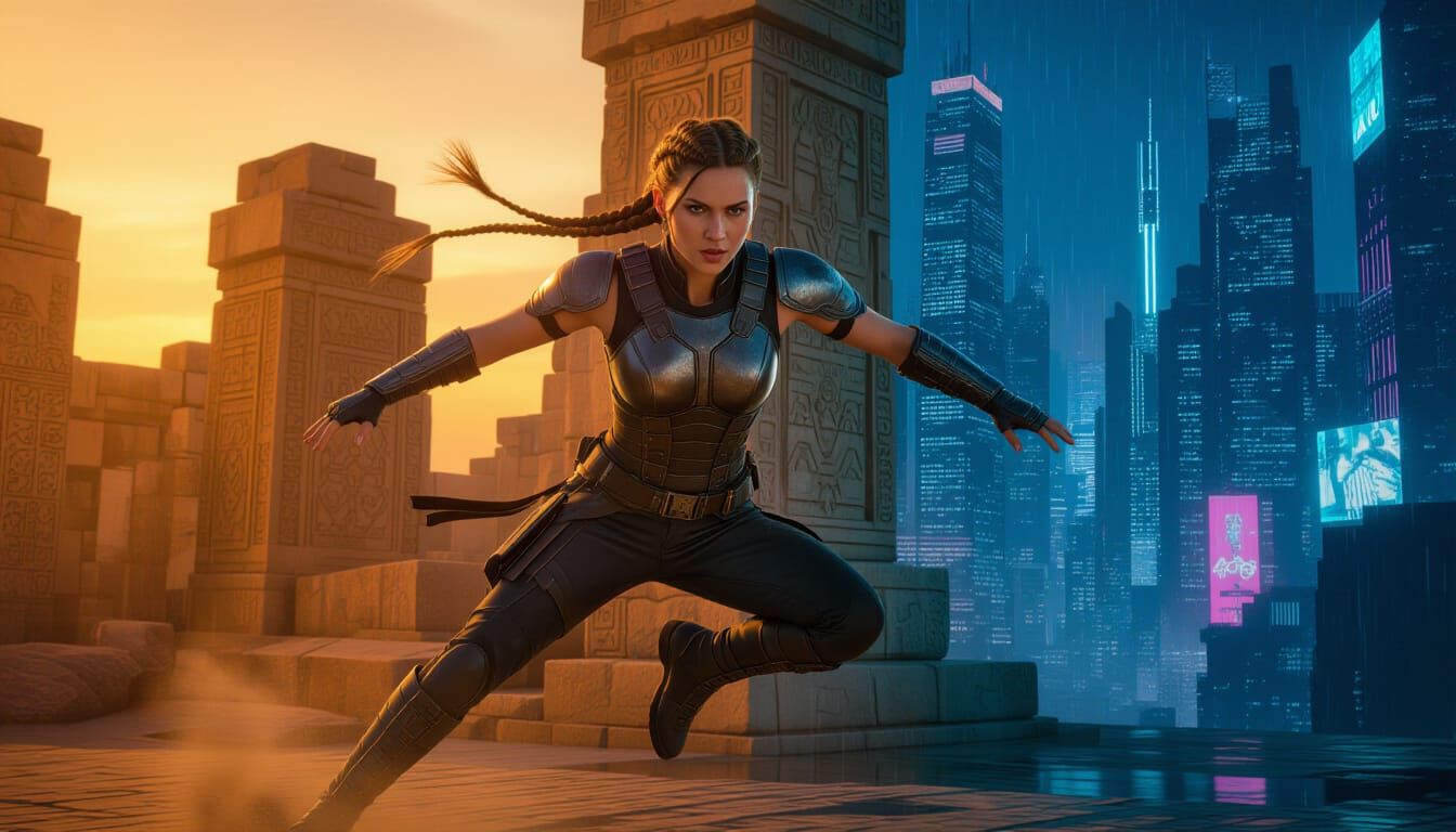 Adventurer in Temporal Fracture: A Hyperrealistic Photograph