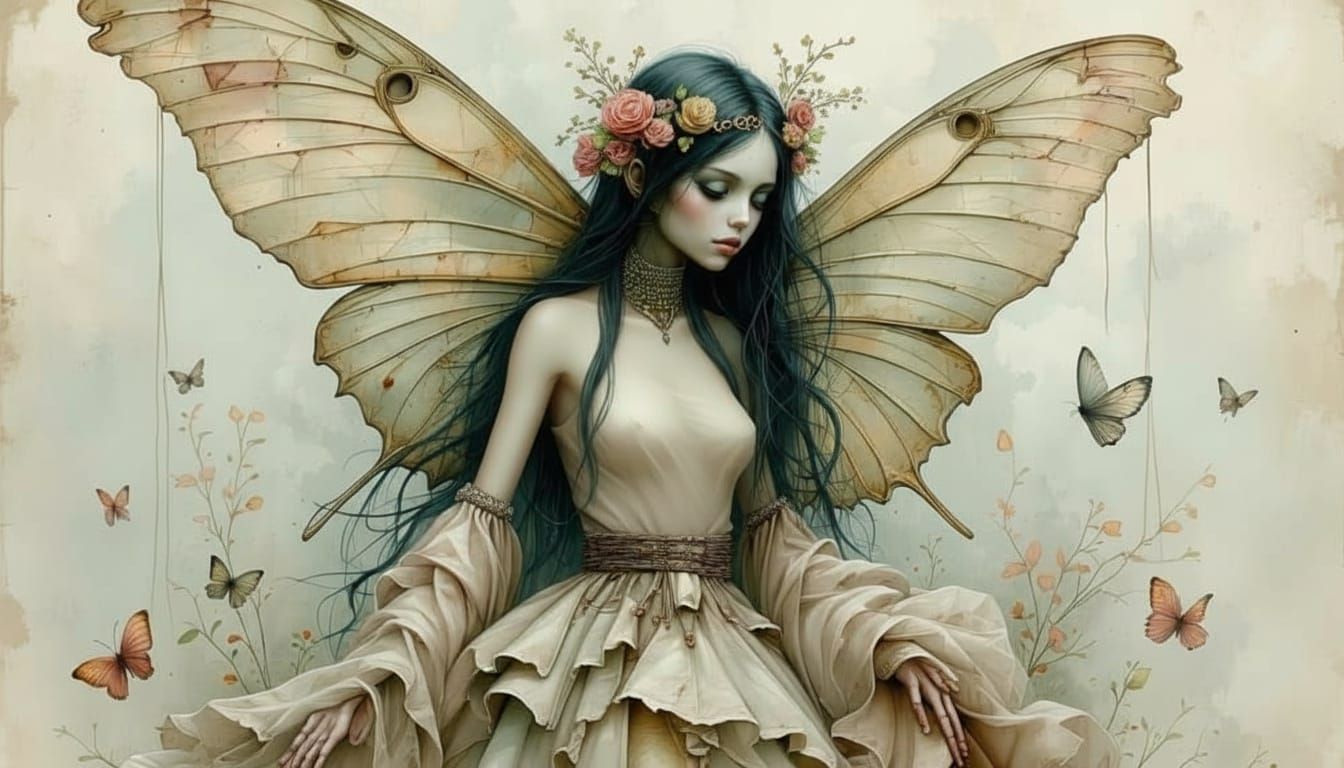 Skeletal Gothic Fairy in Tattered Gown with Butterfly Wings
