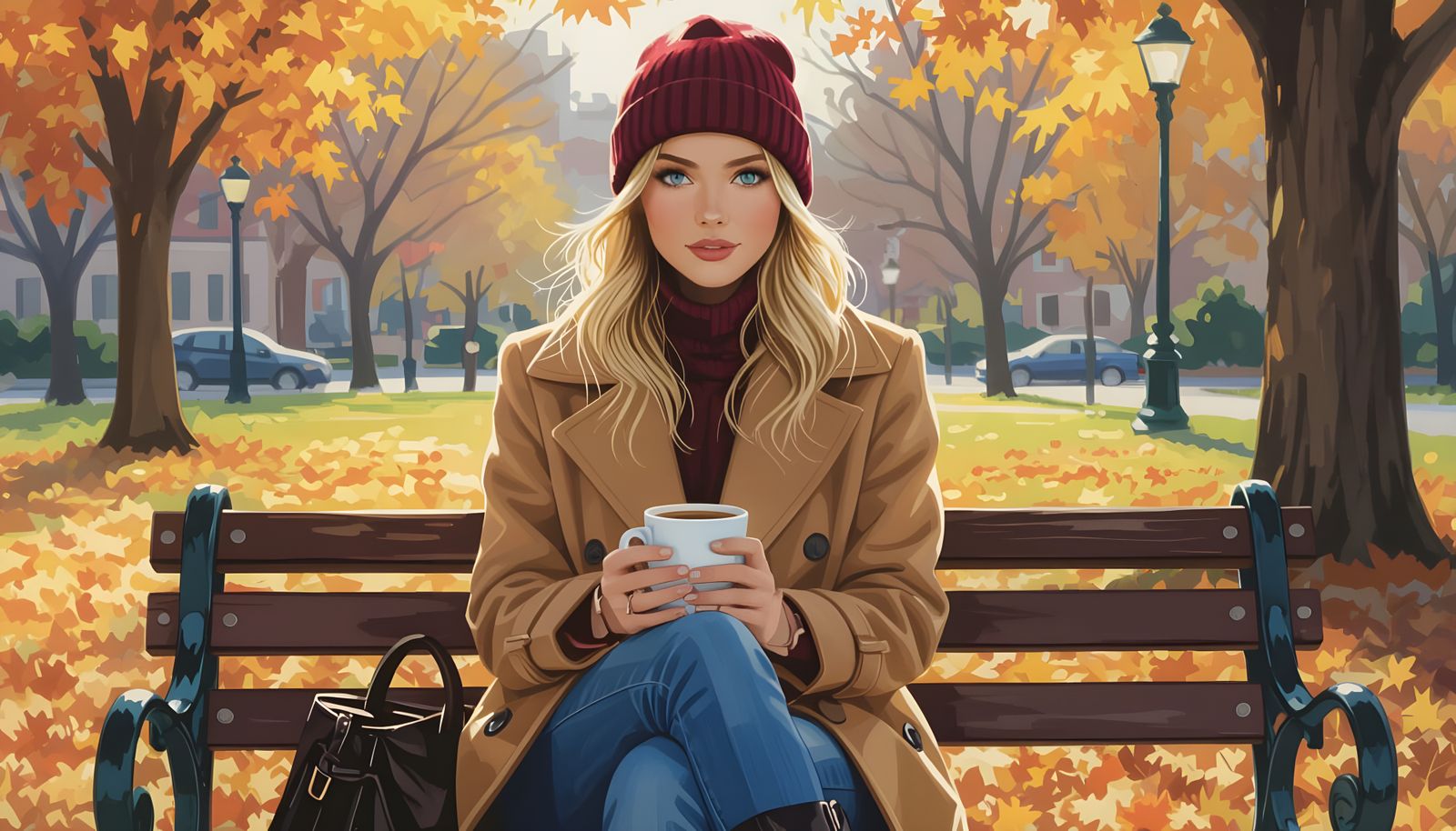 Fall Day Coffee Break in Impressionist Gouache Style