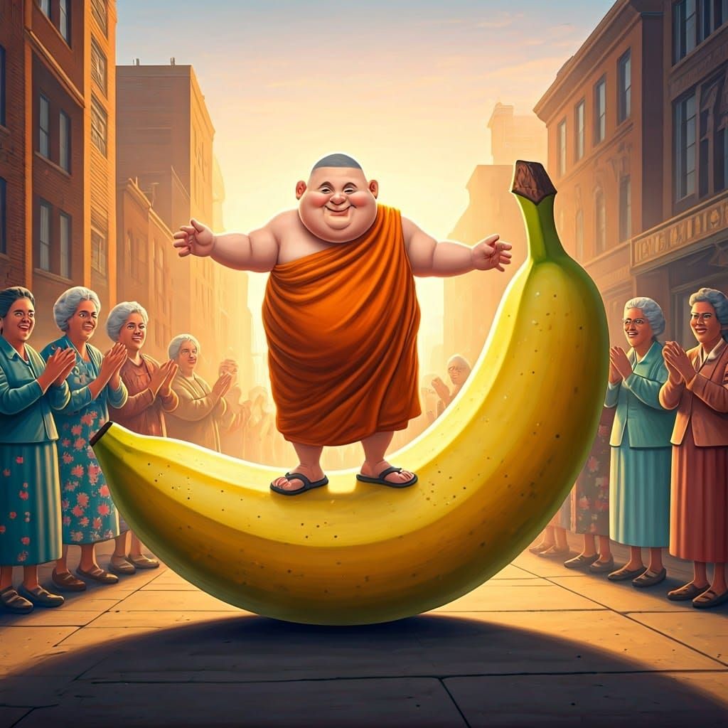 Monk Balances on Banana in 90s Sitcom Style