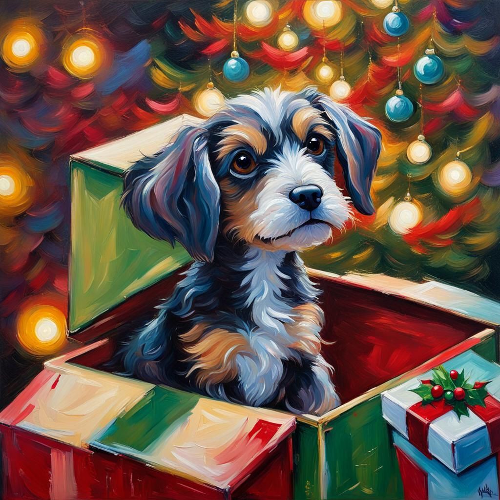 Christmas Puppy in a Box: Impressionist Style